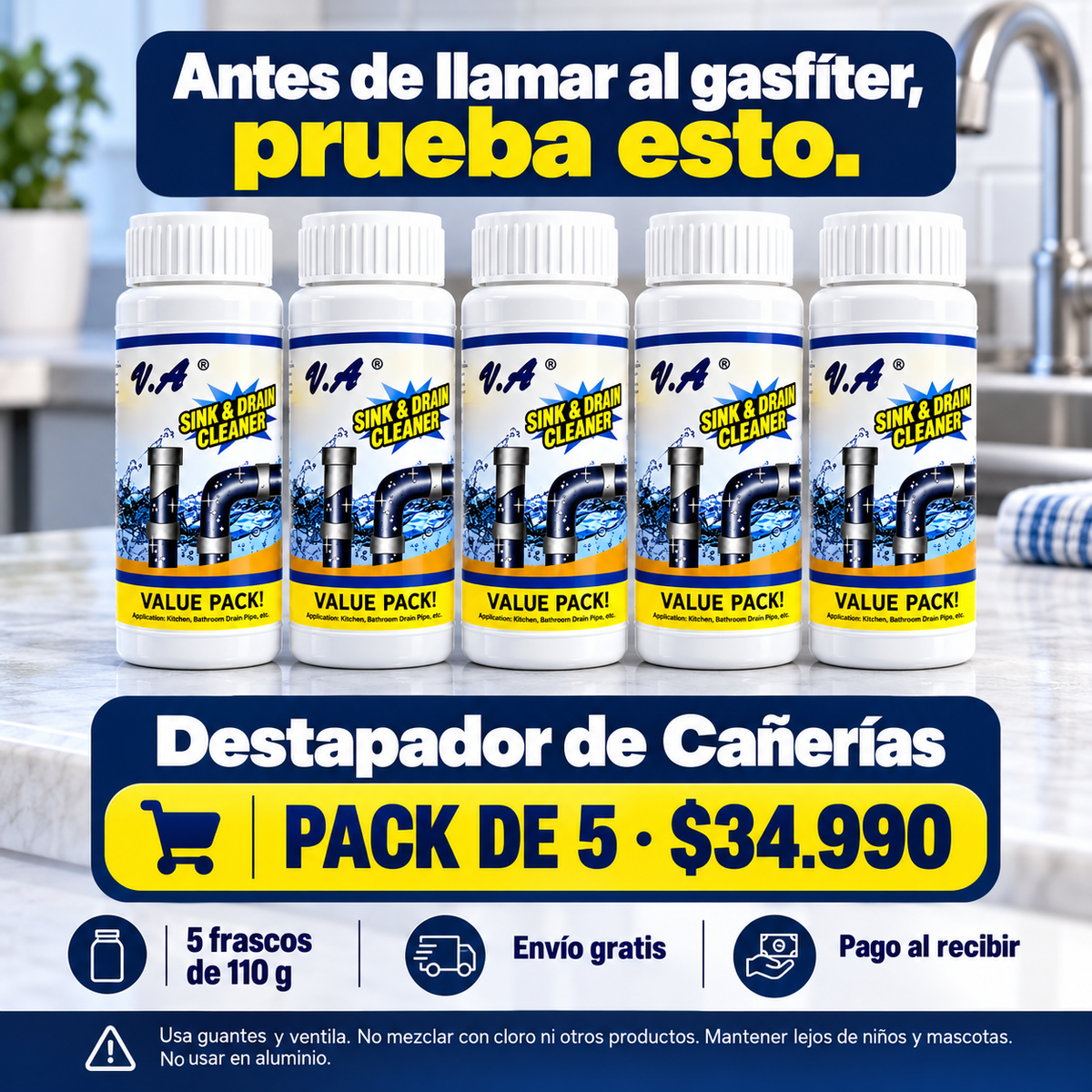 Destapador de Cañerías, pack de cinco frascos de 110 g — 01-hero