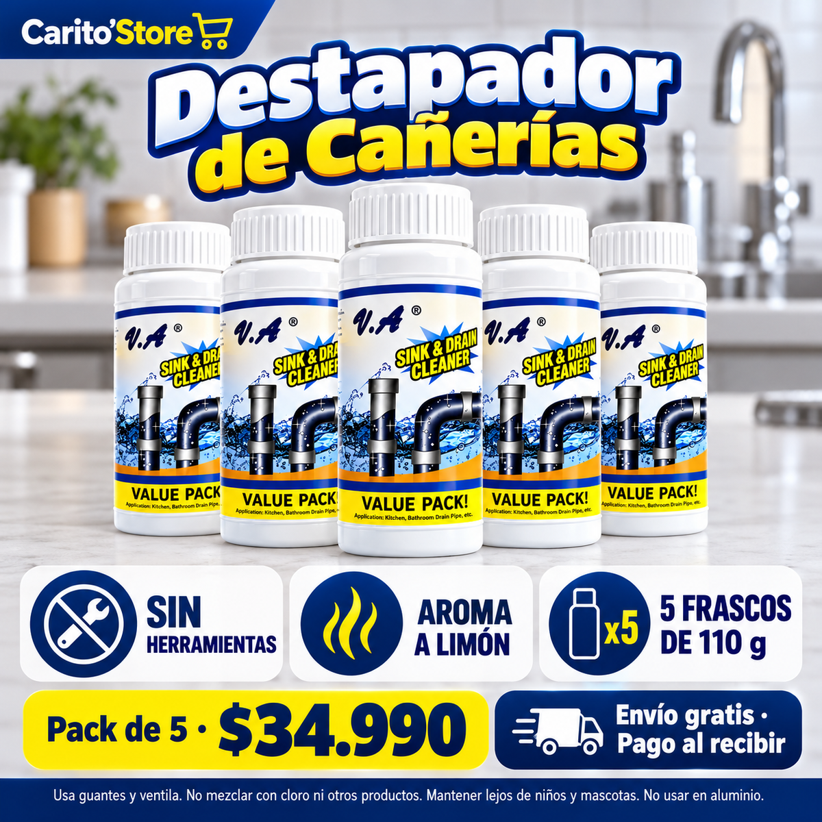 Destapador de Cañerías, pack de cinco frascos de 110 g — 02-beneficios