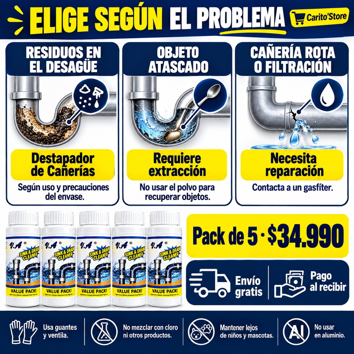 Destapador de Cañerías, pack de cinco frascos de 110 g — 04-comparativa